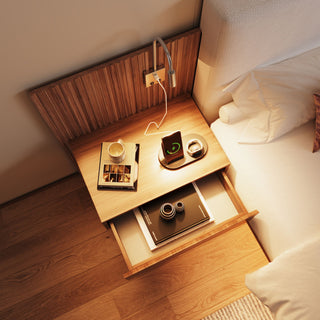 Floating King Size Bed With Integrated Side Tables And Smart Lighting - Beige Gray / White