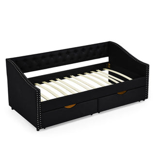 Upholstered Tufted Daybed With 2 Drawers, Waved Arms