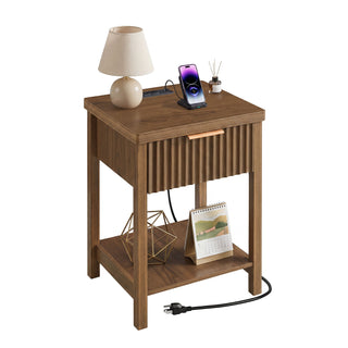 Nightstand, Bedside Table With Built In Charging Station (Set of 2) - Walnut