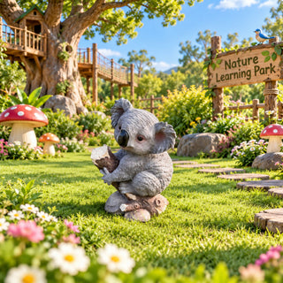 Koala Garden Statue Hand Painted Animal Sculpture With Log For Patio Home Decor - Dark Gray