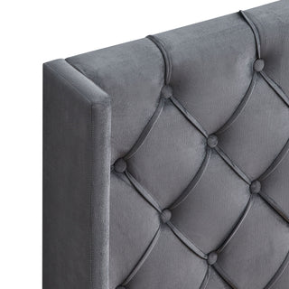 Queen Platform Tufted Upholstered Bed With Wings Design, Strong Wood Slat Support - Gray