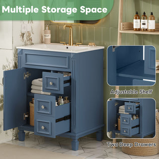 Bathroom Vanity With Ceramic Sink, Compact Cabinet With 2 Drawers And Adjustable Shelf - Blue