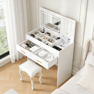 Flip Top Vanity Desk With LED Mirror & Outlet Makeup Table With 2 Drawers, Open Storage, And Jewelry Hooks - White