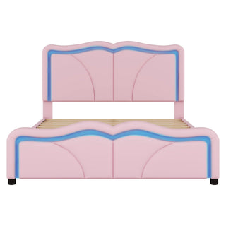 Upholstered Platform Bed & Curve Shaped And Height Adjustable Headboard, LED Light Strips