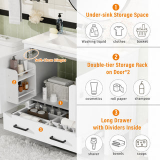 Bathroom Vanity With Sink, Soft Close Doors, Double Storage Shelves & Divided Drawer Ample Storage - White