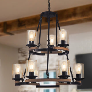 Wagon Wheel Chandelier, Ceiling Light With Adjustable Height - Black / Brown