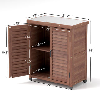Potting Bench With Storage Cabinet And Metal Table Top For Outdoor