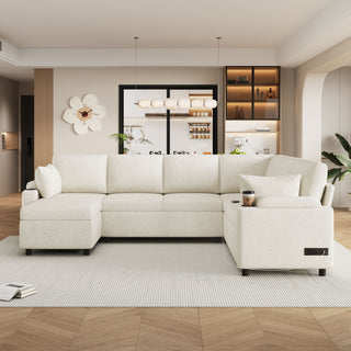 U-Shaped Sectional Sleeper Sofa With Ample Storage Space, 2 Cup Holders And Charging Ports For Living Room
