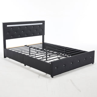 Upholstered Bed Frame With LED Lights, 4 Storage Drawers, Charging Station
