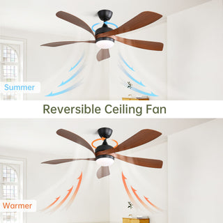 52" Ceiling Fan With 3 Color Dimmable LED Light, 5 Blades, Remote Control, Reversible DC Motor