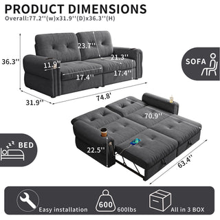 2 In 1 Convertible Sofa Bed For Living Room - Dark Gray - Fabric