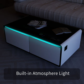Modern Smart Coffee Table With Built-In Fridge, tooth Speaker, Wireless Charging Module, Touch Control Panel, Power Socket, USB Interface, Outlet Protection, Atmosphere Light