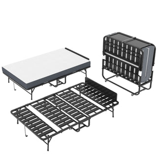 Twin Adjustable Headboard Folding Bed With Memory Foam Mattress, Heavy-Duty Frame Cot For Tall People, Portable Guest On Wheels - Black