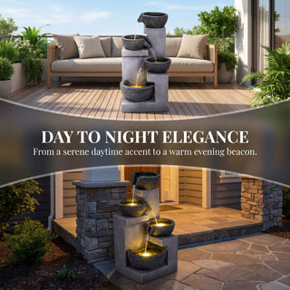 4 Tier Cascading Water Fountain With Warm LED Lights, Quiet Pump For Patio - Gray
