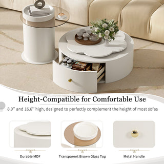 Modern Round Coffee Table (Set of 2), 360 Degree Rotatable Flower Shaped Top With 2 Drawers, Top Circle Side Table End Table With Glass For Living Room - Off White