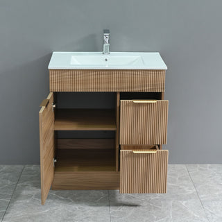 Bathroom Vanity With Sink, Freestanding Fluted Cabinet With 1 Door And 2 Drawers - Natural Walnut