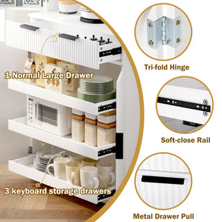 Fluted Kitchen Pantry Cabinet With 3 Keyboard Drawers & 6 Adjustable Door Shelves