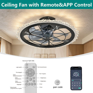 Caged Ceiling Fan & Remote Controlled Dimmable LED Lights, Flush Mount Fan, Low Profile Design - Antique Black