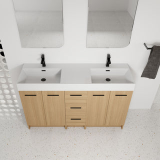 Double Sink Bathroom Vanity With 3 Drawers, Large Storage, Integrated Sink, Freestanding Cabinet, Soft Close Hardware - Glossy White / Light Oak