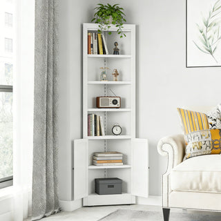 Tall Corner Storage Cabinet With 2 Doors, 5-Tier With Adjustable Shelves, Freestanding - White