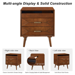 Nightstand With Charging Station, 2 Drawers And Open Shelf, USB / Type C Ports