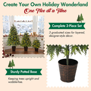 3 Piece Pre Lit Christmas Tree Set With Warm Glowing LED Lights, Sturdy Potted Base, Full Cascading Branches - Green