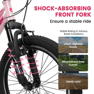 20" Children's Bicycle Shock Absorbing Front Fork 7 Speed V Brakes Mountain Tire Boys And Girls Kids Bike For Outdoor Adventure - Pink