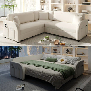 L-Shaped Couch With Pull-Out Bed, Oversize Convertible Sleeper Sofa With Side Pocket & USB Port