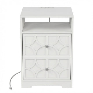 Nightstand With Diamond Carvings Handles, 2 Drawers & Charging Station