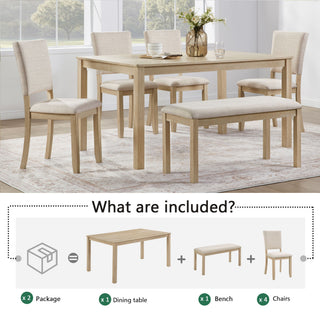 6 Piece Dining Table Set With Bench - Beige / Light Oak