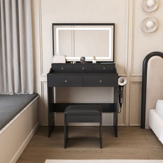 Modern Makeup Vanity Set With Power Outlet, Hair Dryer Holder, And Adjustable Lighting