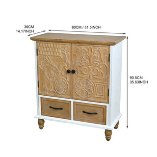 Accent Flower Carved Door Sideboard Cabinet With 2 Drawers For Kitchen - Natural Wood Wash / White