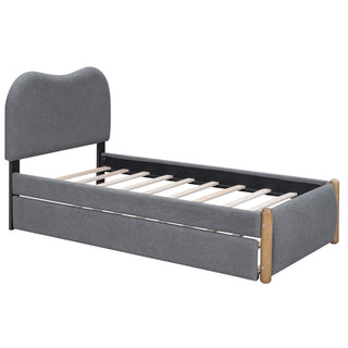 Upholstered Platform Bed With Wood Supporting Feet And Trundle