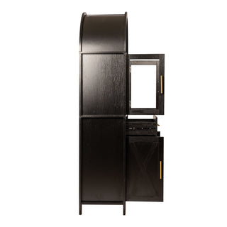 Arched Kitchen Pantry Cabinet With Glass Door, Storage Cabinet With Adjustable Shelves & Barn Door - Black