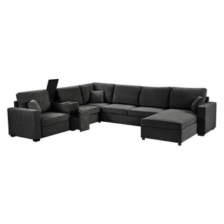 Modular 5 Seat U-Shape Sectional Sofa With Chaise Lounge, Built In Cup Holders And Storage Drawer