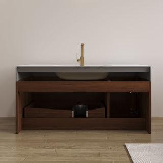 Floating Bathroom Vanity & Basin 1 Soft Close Drawer + 1 Cabinet, Wall Mounted - Walnut / White