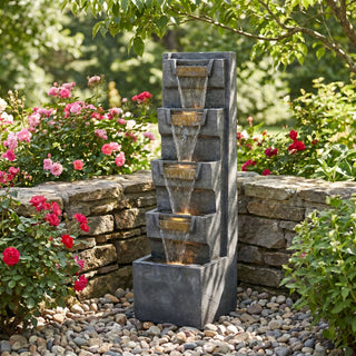 4 Tier Cascading Waterfall Fountain With Warm LED Lights, For Patio - Gray