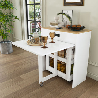 Extendable Dining Table With Power Socket, Lockable Casters, Storage Cabinet