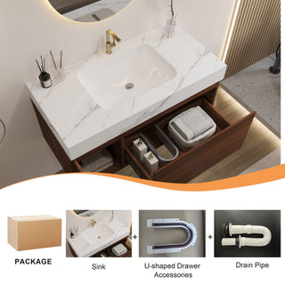Floating Bathroom Vanity & Basin 1 Soft Close Drawer + 1 Cabinet, Wall Mounted - Walnut / White