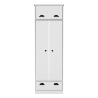 Dresser Closet With Upper Storage Covered With 1 Door, 2 Central Shelves, 1 Tube For Hanging Clothes Covered By 2 Doors, 1 Drawer At The Bottom - White
