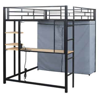 Loft Bed With Desk, Shelves, Power Outlet, LED Light And Wardrobe