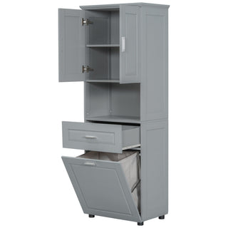 Tall Bathroom Cabinet With Tilt-Out Laundry Basket And Upper Storage