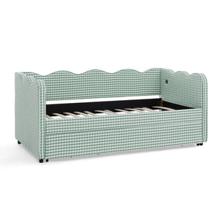 Gingham Daybed With USB Charging Port, Wave Shaped Design
