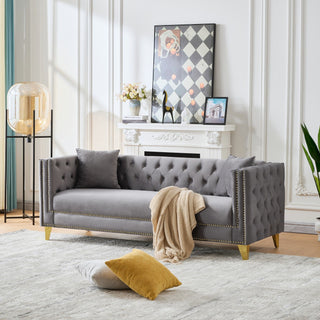3 And 2 Seater Deep Seat Sofa With Button Nailhead, Square Arm Couches, Furniture For Living Room - Gray