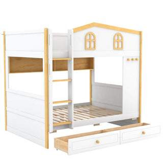 Bunk Bed With House Shaped Guardrails, Storage Shelves, And Trundle