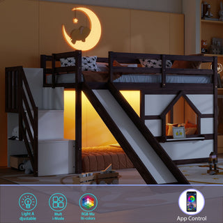 Loft Bed With Storage Stairs, Slide, Playhouse Window And 7 Colors LED Lights