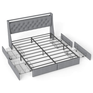 Platform Bed Frame With RGB LED Lights, Charging Station, Storage Headboard & 4 Underbed Drawers