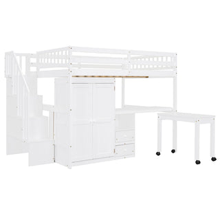 Loft Bed With Stairs, Bookshelf, Drawers, Desk & Wardrobe, Space Saving Multifunctional Furniture