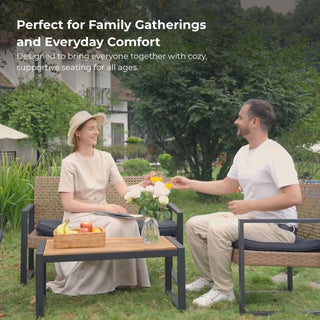 4 Piece Patio Furniture Set With Acacia Wood Table Top And Cushions