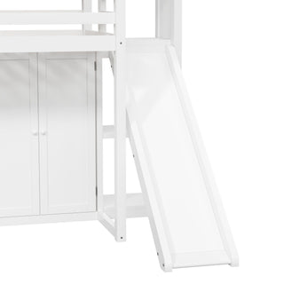 Twin Size Loft Bed With Wardrobe, Storage Shelves, Slide And LED - White